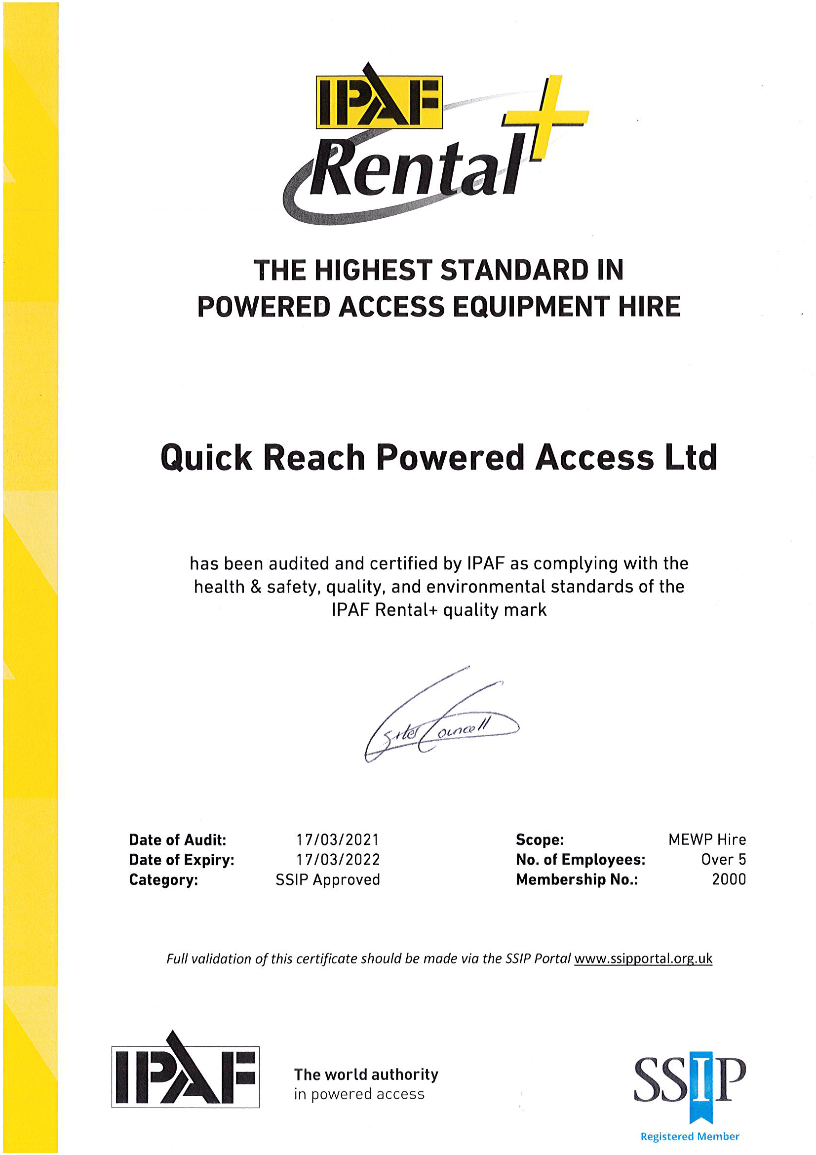 Quick Reach achieves IPAF Rental + Certification